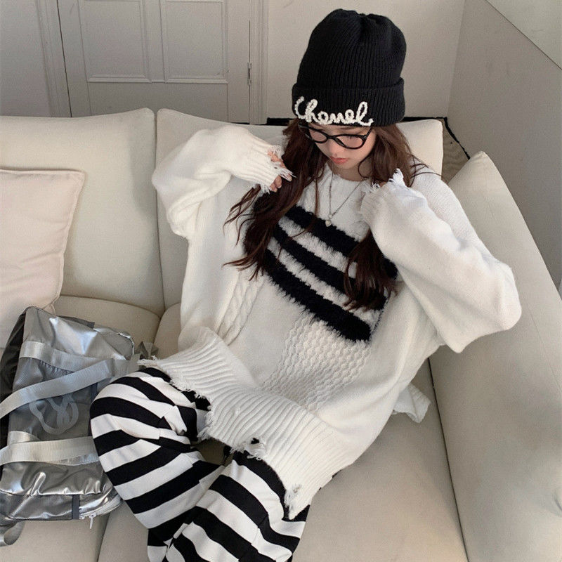 Hikigawa Chic Fashion Women Sweet Japan Sweater All Match Loose Contrast Color Long Sleeve Knitted Pullover Outerwear Top Mujer