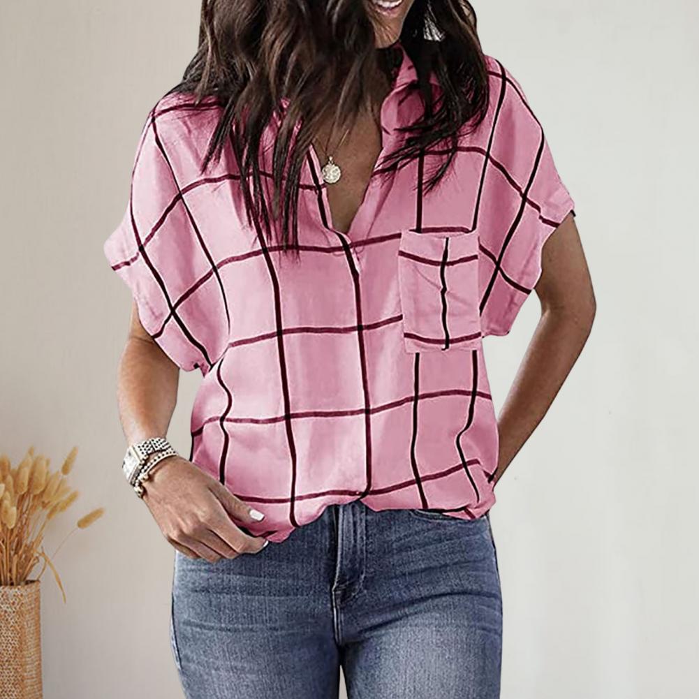 V Neck Women Shirt Lapel Short Sleeve Summer Plaid Print Patch Pocket Casual Shirts Blouse Streetwear blusa feminina camisas