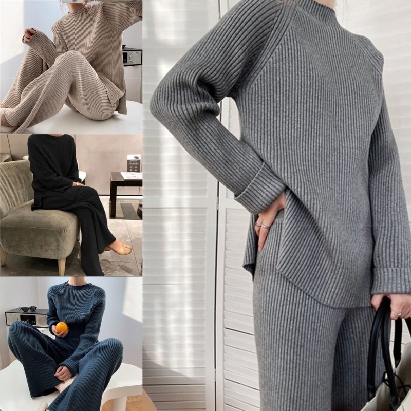 Women's Sweater and Pants Set Long Sleeve Sweater Loose Knitted Pants for Autumn Drop Shipping