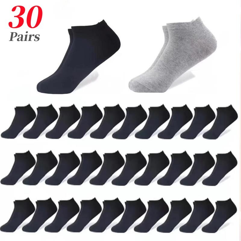 30Pairs/Men's Business Socks Casual Black Breathable Ankle Socks Solid Color Comfortable Soft Fabric Men's Socks Class