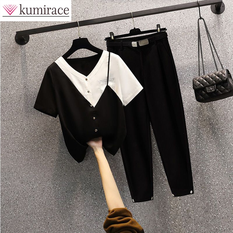 Splice Fake Two-piece Shirt Women's 2023 Summer New Versatile T-shirt+casual High-waist Haren Pants Two-piece Women's 