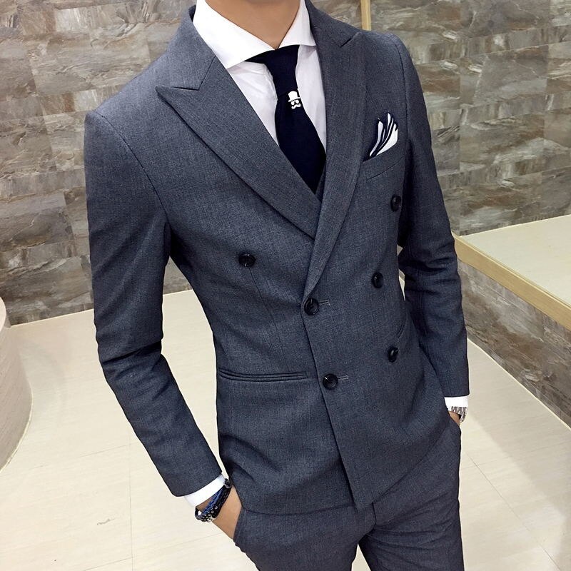 New (Blazer + Vest + Trousers) Men's Suit Italian Style Fashion Casual Double-breasted Wedding Slim Dress Formal 3-piece Su