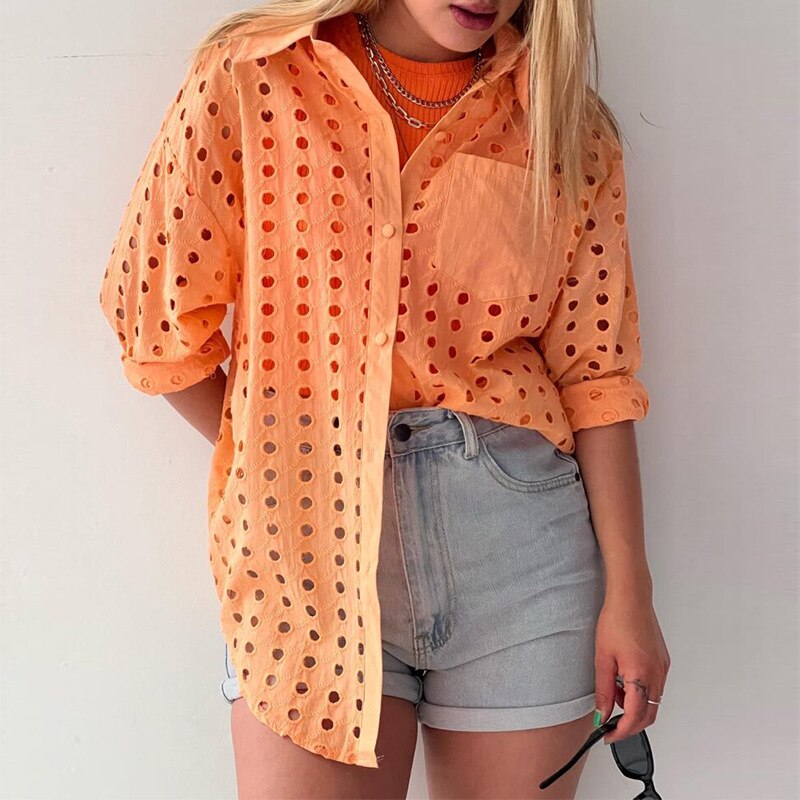 New Spring Product Fresh Sweet Lapel Long Sleeve Wave Dot Hollowed Out Stick Pocket Shirt Top