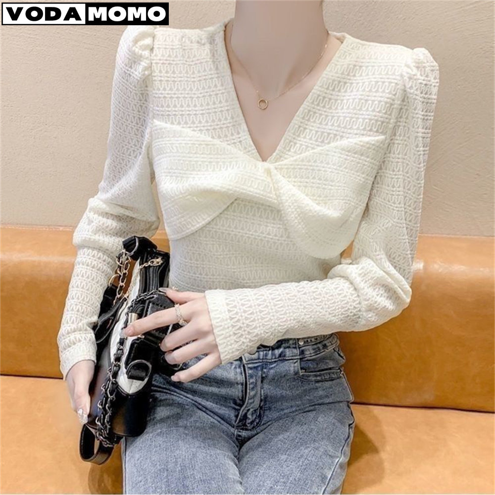 New Elegant Fashion Woman Shirt Vintage V Neck Women Tops Blouse Blouses Hollow Patchwork Lace Sleeve Tops Chic Women's Blo