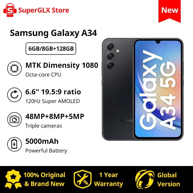 2023 Original New Samsung Galaxy A34 5G Smartphone Dimensity 1080 6.6" 120Hz Super AMOLED Display 5000mAh Android Mobile Ph