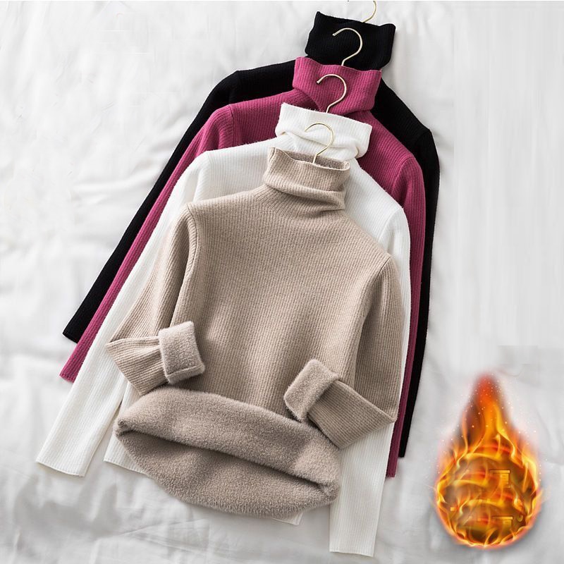 Warm plus velvet thick turtle neck Sweater women's autumn and winter new Korean fashion One piece velvet knitted bottoming 