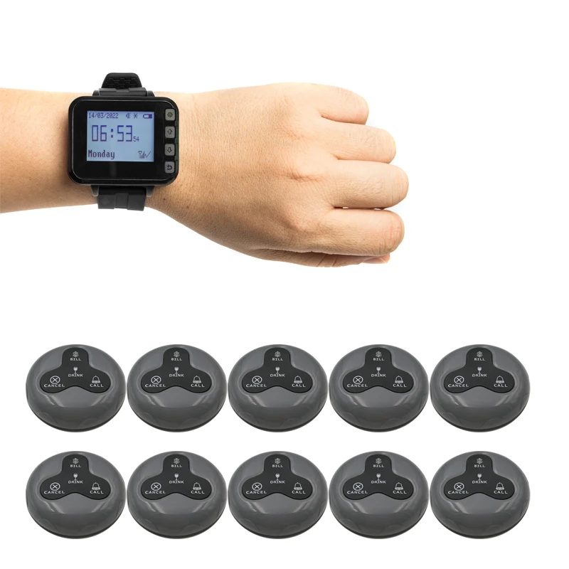 Wireless Waiter Calling System Restaurant Pager 1 K-300PLUS Watch Receiver+10 K-O4 Call Button for Coffee Clinic