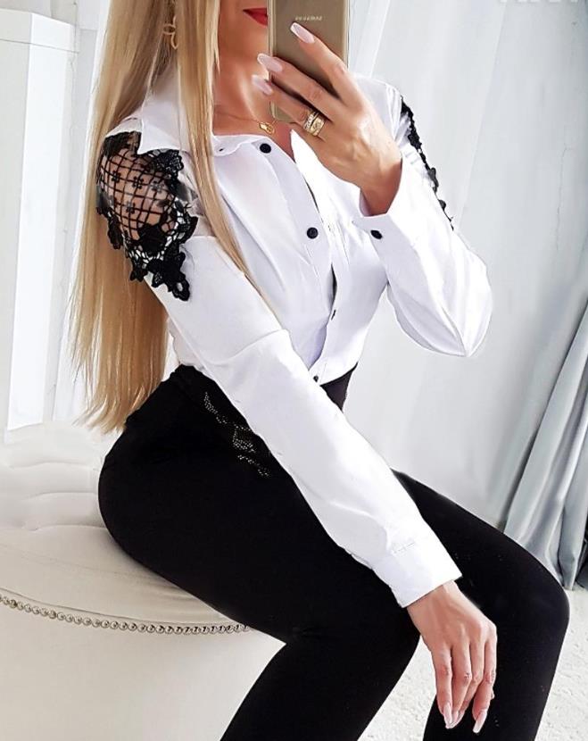 Fashion Woman Blouses Shirt Contrast Lace Long Sleeve Button Down Elegant Shirt 023 Clothing T-Shirts Pullover Tops