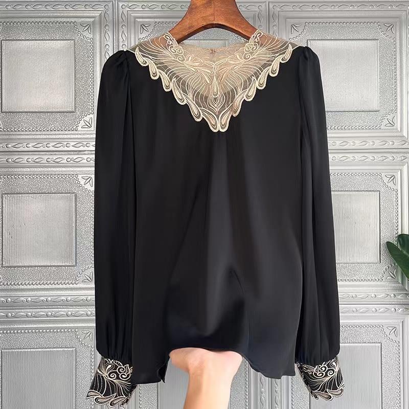 Shirts Long Sleeve Lace Embroidery Stitching Design Shirt Women Camisas De Mujer