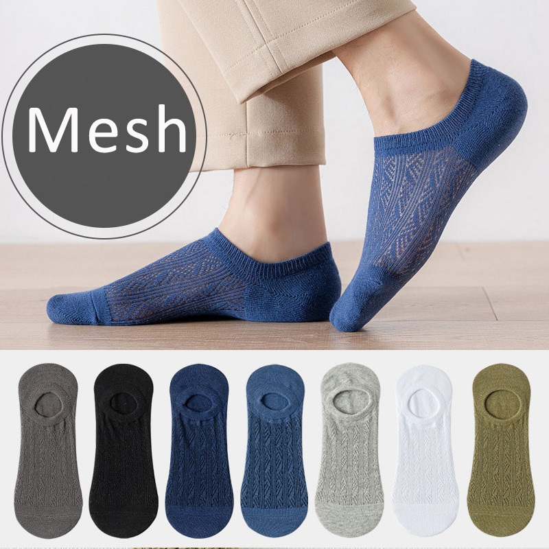 5 Pairs No Show Socks Summer Mens Cotton Hollow Mesh Shallow Mouth Breathable Weave Solid Thin Non-Slip Invisible Ankle Socks