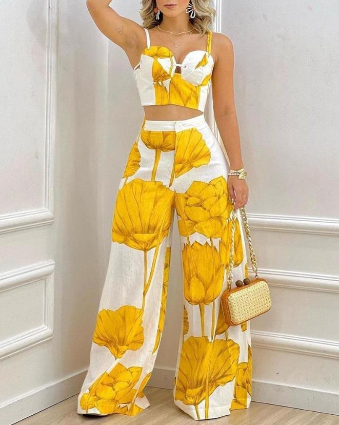 Sexy Vacation Two Piece Sets Womens Outifits 2023 Plants Print Crop Cami Top & Female Wide Leg Pants Set 2023 ladies trouser