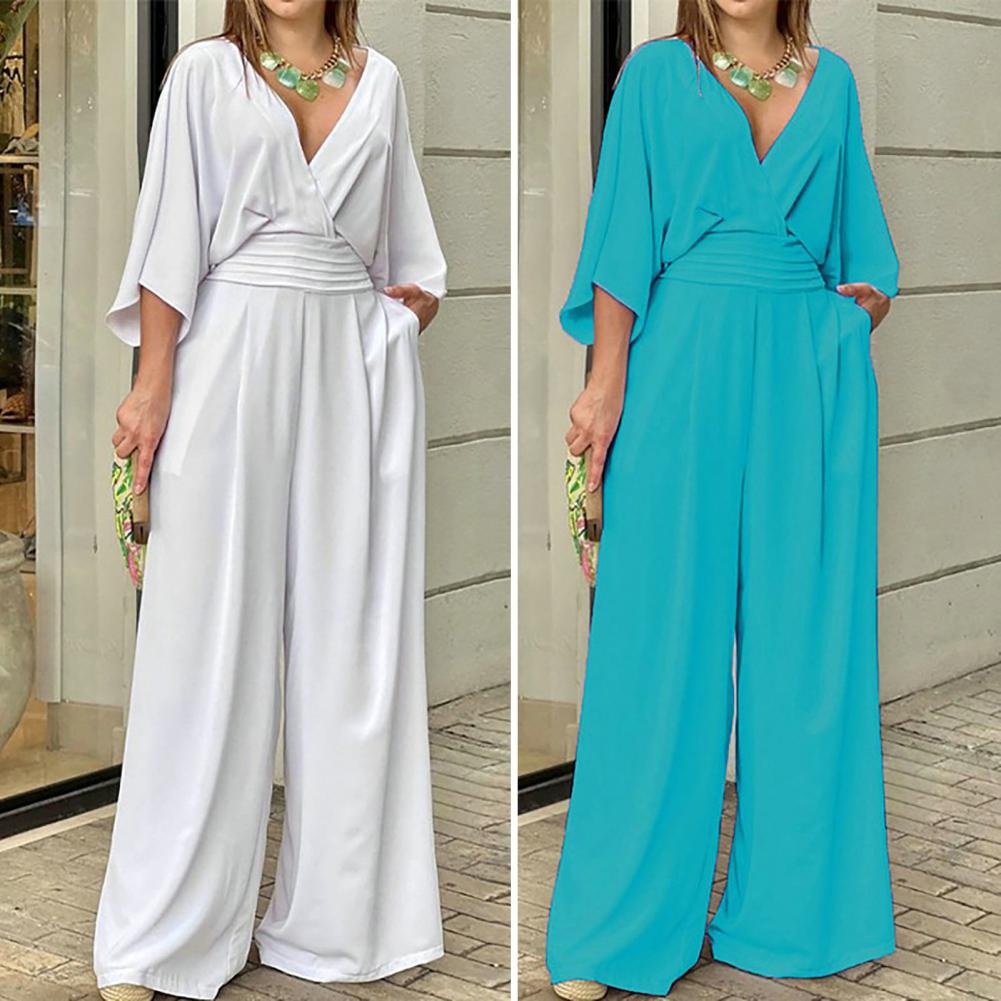 Jumpsuit Summer Bat Sleeve V Neck Backless Nipped Waist Loose Wide Legs Casual Pants Romper High Streetwear For Women