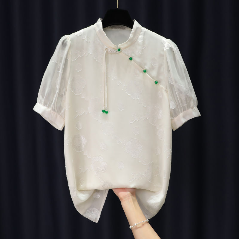 Casual vintage button stand collar jacquard blouse top women 2023 summer French elegant bubble sleeve foreign blouse female tops