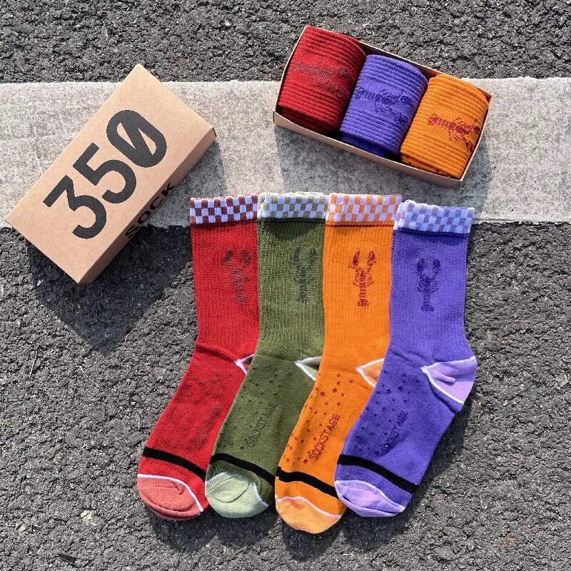 Men's Socks Hip Hop New Fashion Crayfish Printing Socks Basketball Color Series Sports Skateboarding Leisure Spring Autumn 