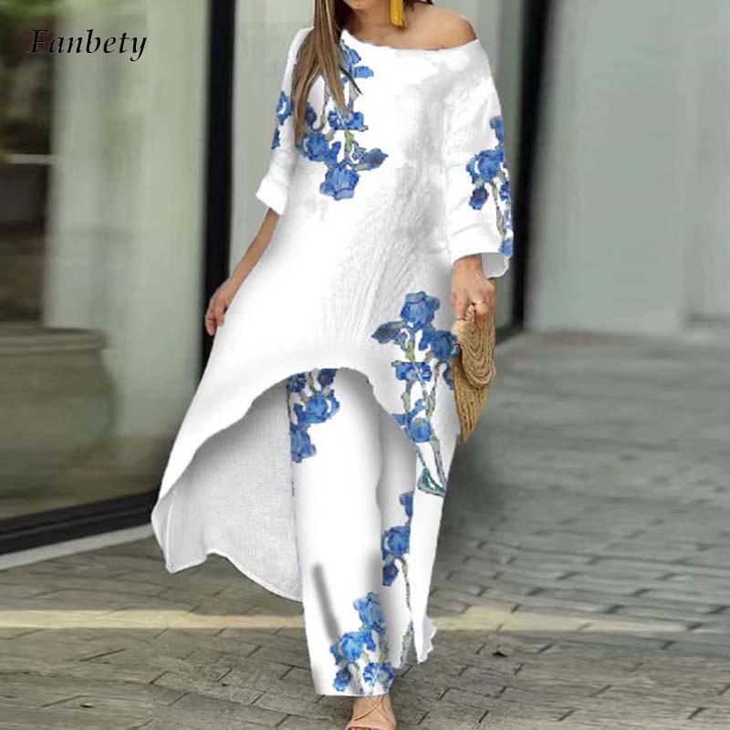 Fashion O-neck Irregular Pullover Tops and Long Pant Outfits Women Casual Long Sleeve Loose Suits Elegant Flower Print 2Pc Sets