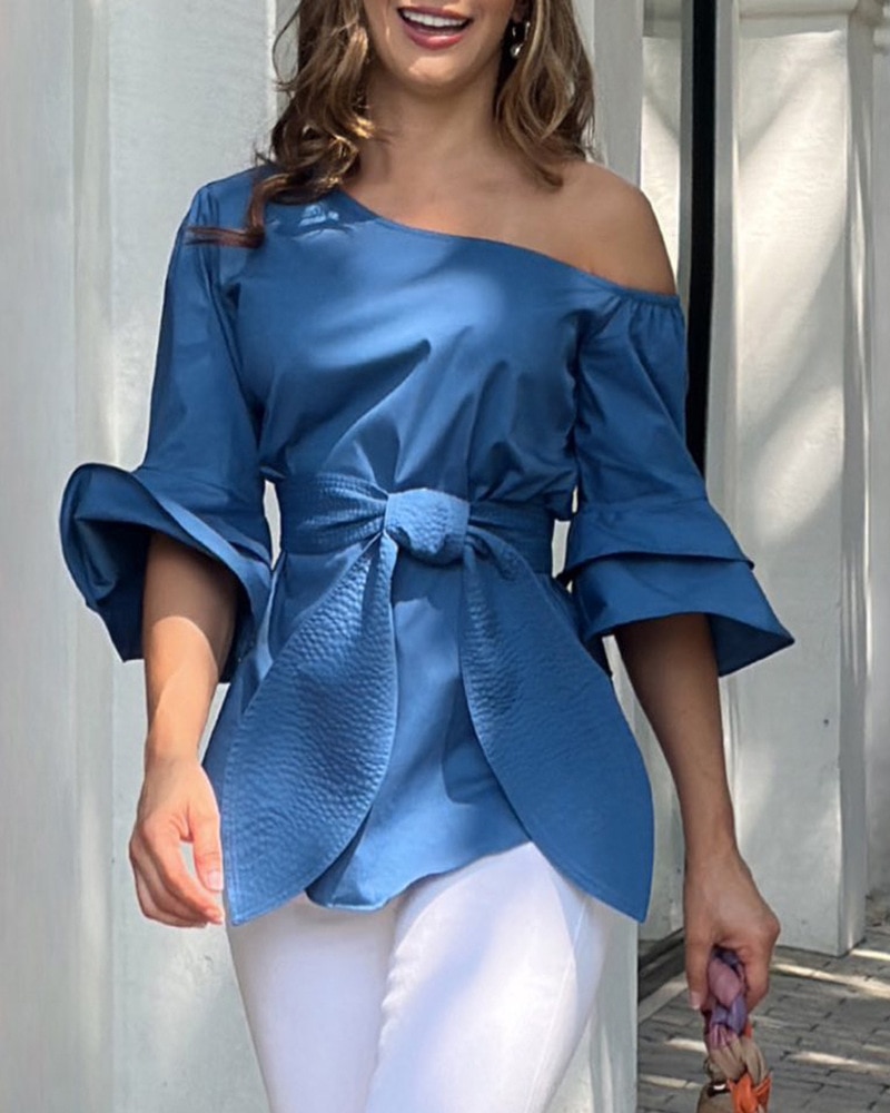 Cold Shoulder Layered Sleeve Top Women Solid Color Fashion Casual Spring Summer Blouse Top Sexy