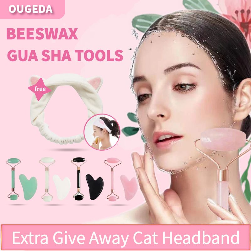 OUGEDA Natural Resin Gua Sha Roller and Scraper Board Facial Skin Care Spa Massage For Face Neck Skin Body Extra gift Headband