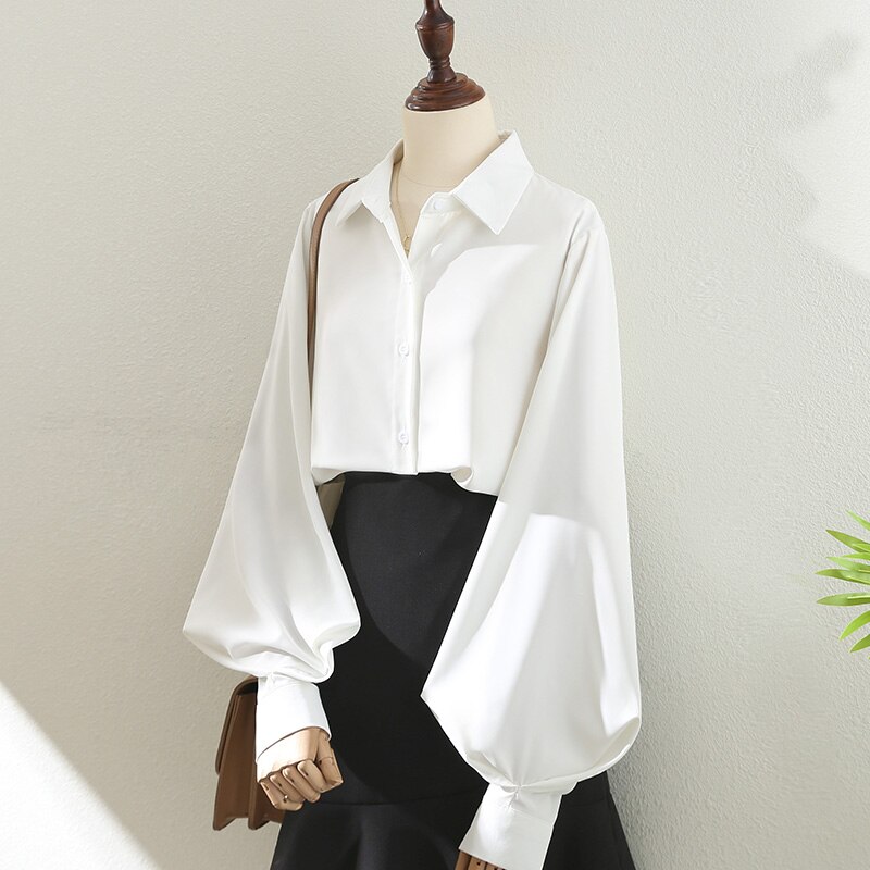 Elegant White Women Shirts Summer New Design 2023 Turn-Down Collar Lantern Sleeved Solid Office Lady Outwear Tops