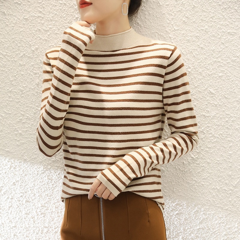 MRMT 2021 Brand New Women's Half Turtleneck Striped Sweater Women's Pullover Knit Sweater Cashmere Long Sleeve Bottomi