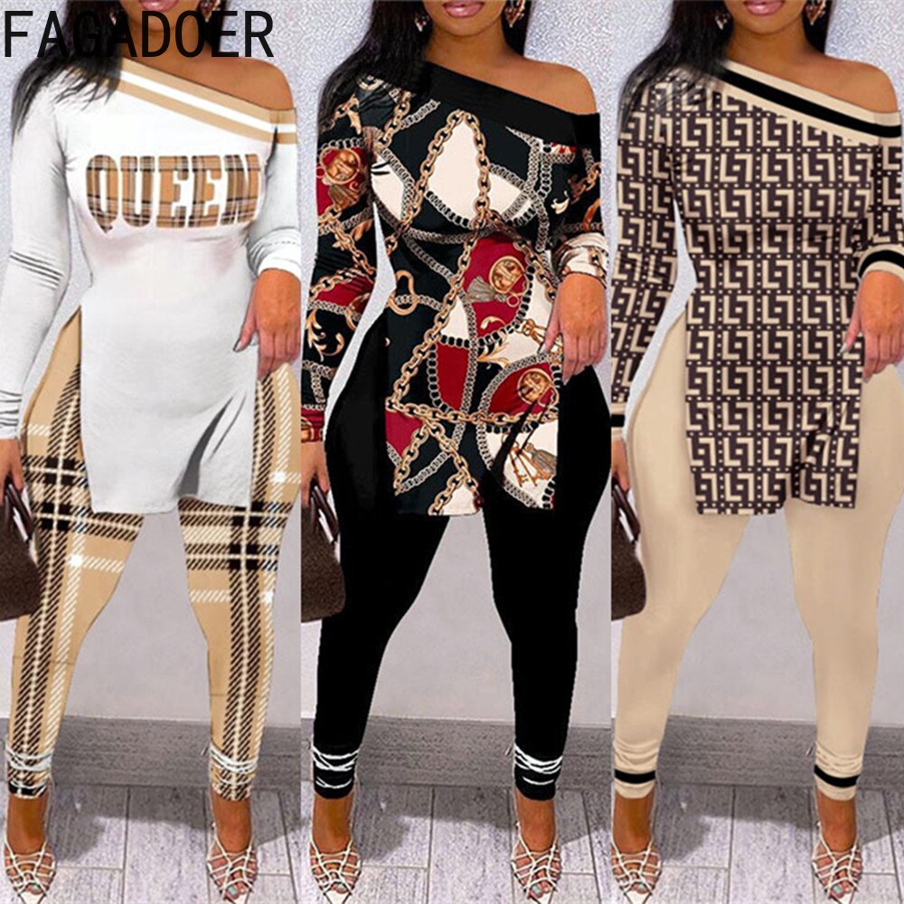 FAGADOER Sexy One Shoulder Printing Two Piece Sets Women Long Sleeve Side Slit Top And Skinny Pants Outfits Fashion Streetwear