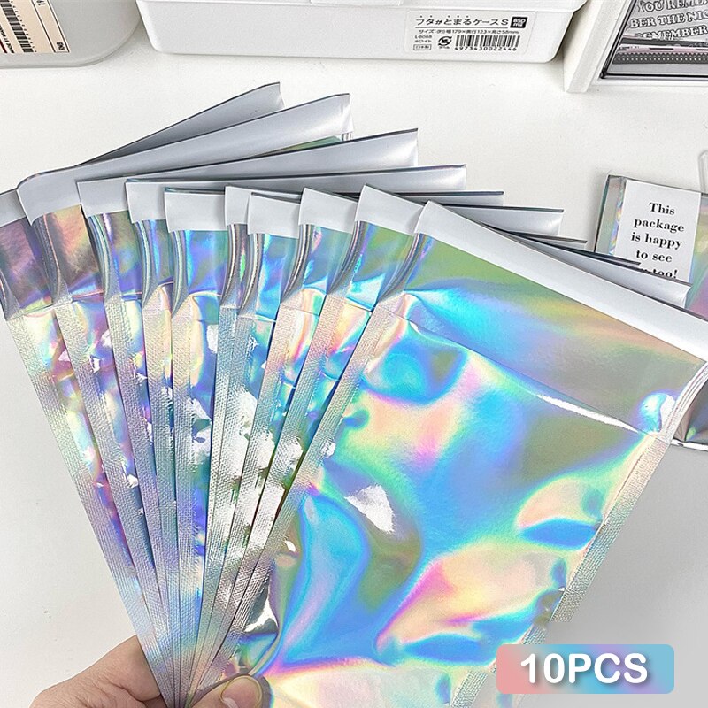 10Pcs Holographic Rainbow Flat Foil Mailing Envelope Resealable Smell Proof Bags Self Adhesive Bags for Courier Storage Gift