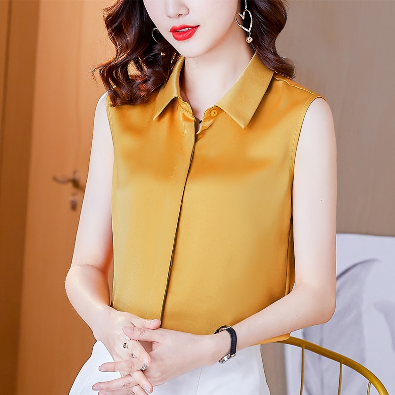 Satin Vest Shirt Sleeveless Satin Top Women Office Sleeveless Summer Tops