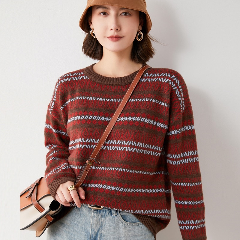 MRMT 2023 Brand New Women's Crew Neck Sweater Korean Color Block Sweater Women's Ethnic Style Loose Thickening Base Sh