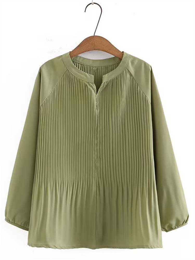 Plus Size Women's Shirt Thin Spring And Autumn Falling Shoulder Sleeves Long-Sleeved Pleated Chiffon Top Loose Non-Stretch 