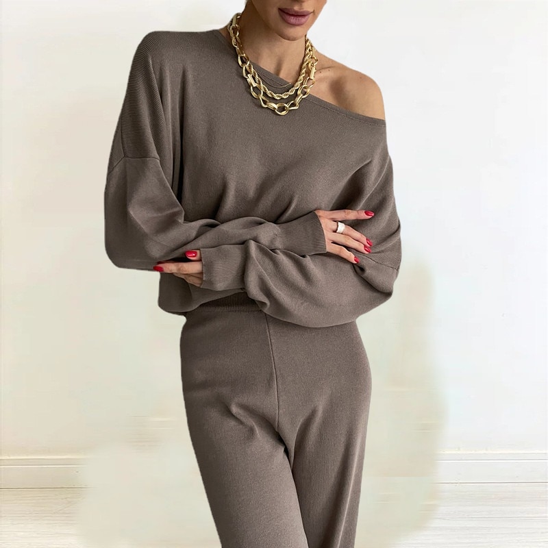 New In Matching Pant Sets Pantolon Setleri Sloping Shoulders Knit Two Piece Set for Spring Clothes Women 2023 Set Di Pantaloni