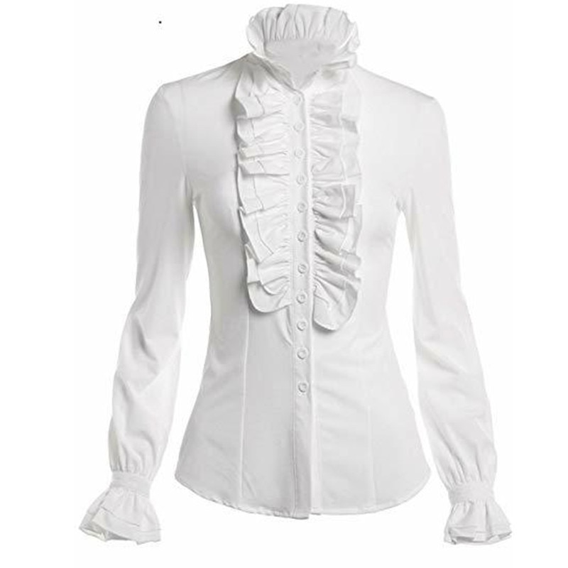Fashion Victorian Womens Tops Ruffles Long Sleeve Frill Solid Color OL Office Shirt Frilly Cuffs High Neck Blouse Autumn Tops