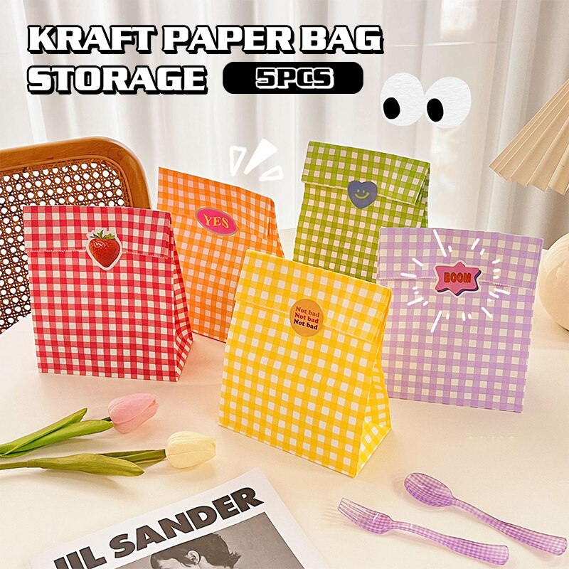 5Pcs Kawaii Cartoon Colorful Plaid Kraft Paper Bag Candy Cookie Snack Paper Bag Snack Bag Gift Home Storage Organizer Bag