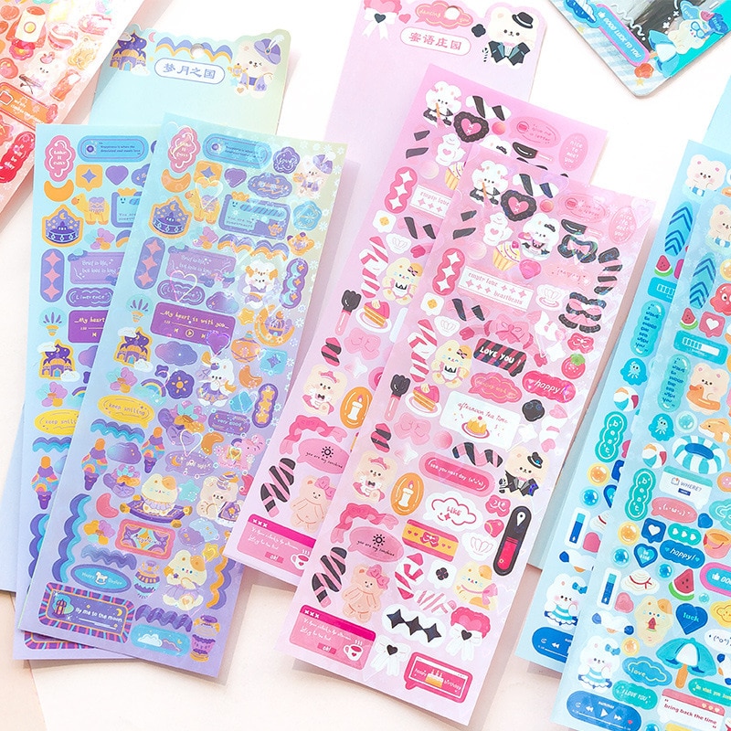 MOHAMM 2 Sheets Decorative Flash Film Sticker Cartoon Bear Rabbit Ribbon Paper Small Animal DIY Hand Tent