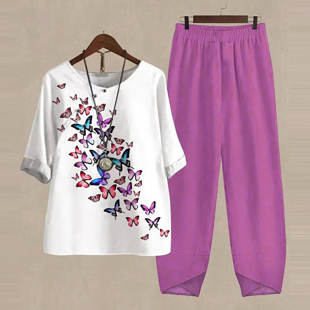 2 Pcs/Set Women T-shirt Pants Set Butterflies Print Loose Elastic Waist Dress-up Wide Leg Kitty Printing Plus Size Women Clothes