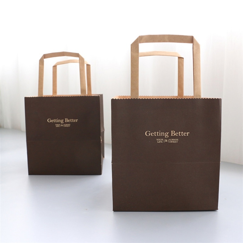 Customized Flat Handle Paper Bag Take Away Kraft Paper Bag For Food With Logo Printed