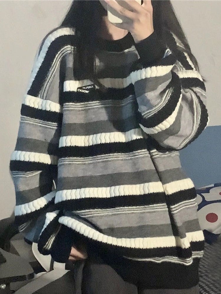 Vintage Striped Sweaters Women Autumn Winter Oversized Casual Knit Pullovers Unisex Couples Hip Hop Knitwear Jumper Female Tops