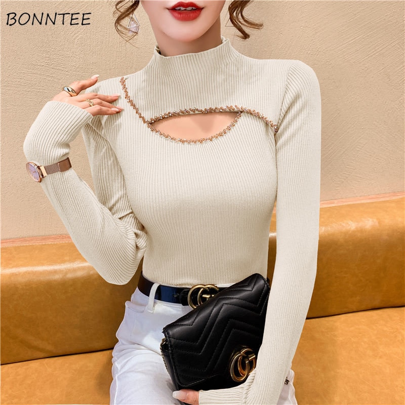 Hollow Out Sweaters Women Elegant Classic Fashion Autumn Simple Femme Inside Tender Pullovers Vintage All-match Slim Knitwear