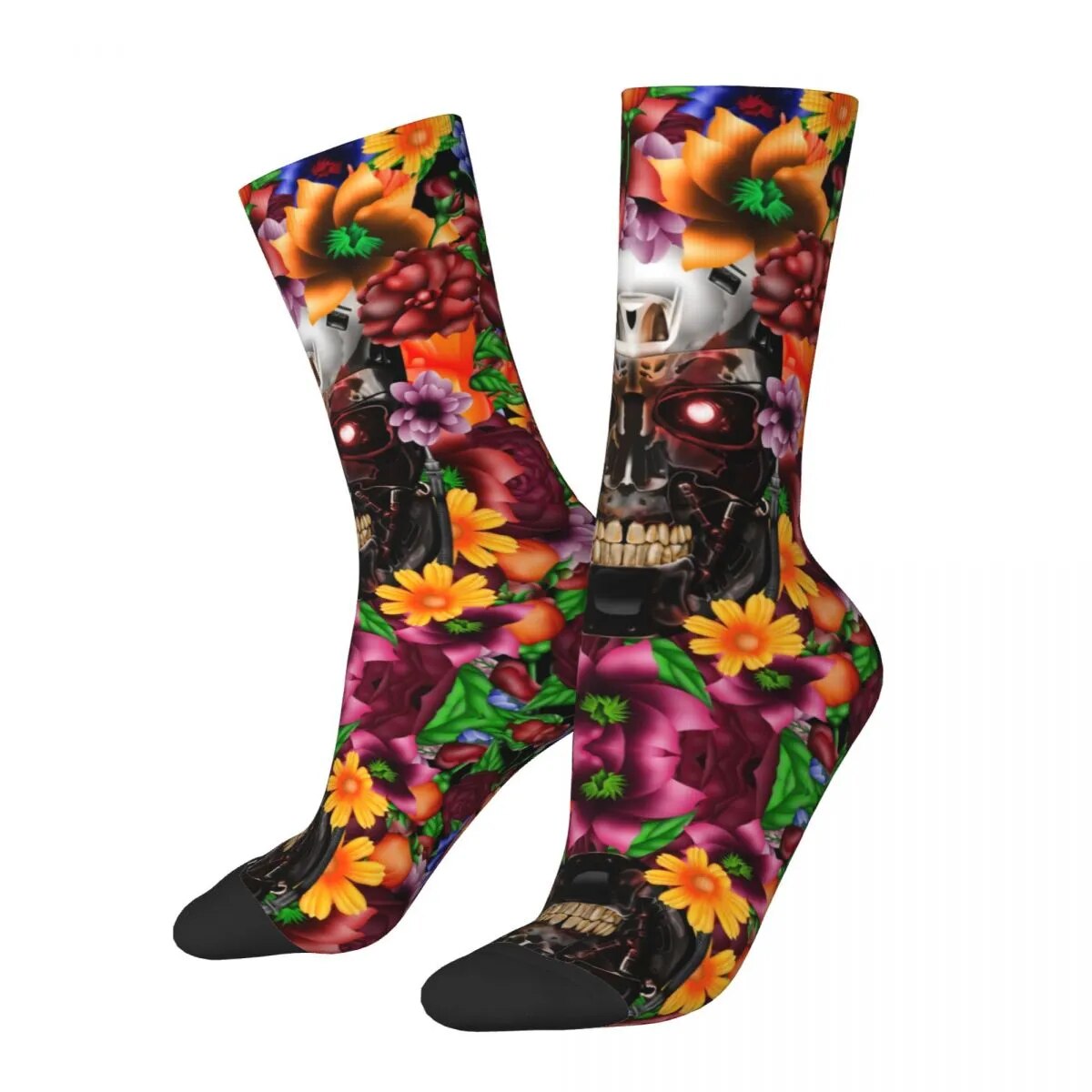 Funny Crazy Compression Sock for Men Robot Hip Hop Harajuku Skull Heads Happy Seamless Pattern Printed Boys Crew Sock