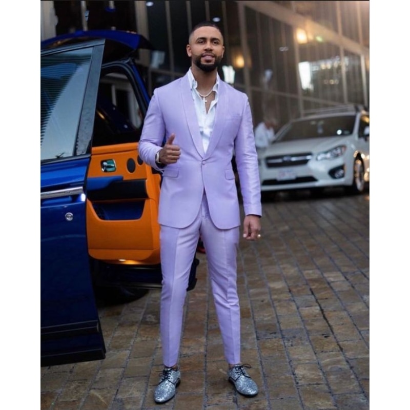 Fashion Lavender Slim Fit Men Suits Shawl Lapel One Button Prom Suits Blazer Sets Dark Skin Mens Wedding Wear 2 Piece Coat+Pant
