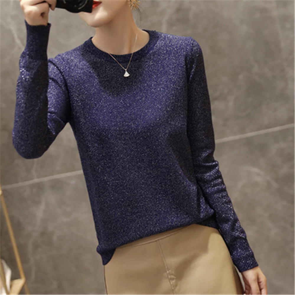 2023 Autumn Winter New Solid Color O-Neck Base Sweater Women Loose Pullover Long-Sleeved Bright Silk Knit Tops Korean Fashion