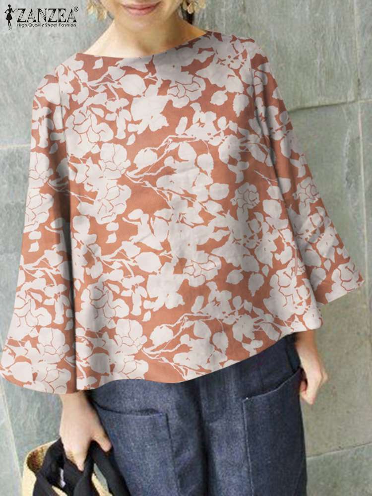 Spring Holiday Shirt 2023 ZANZEA Women Floral Printed Blouse Bohemian Party Tunic Tops Loose Casual Blusas Oversize Chemise