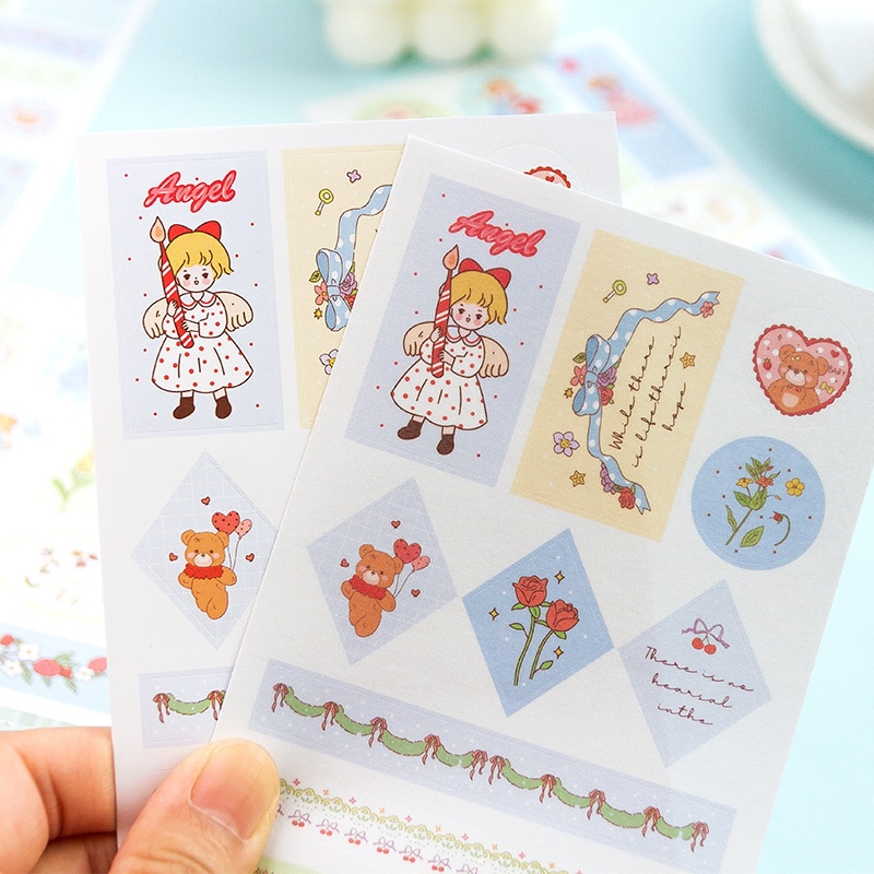 MOHAMM 6 Sheets Girl Seal Decoration DIY Washi Paper Combination Sticker Hand Book Stationery Decal