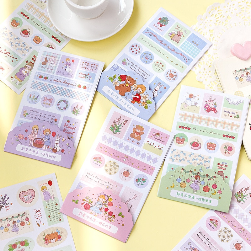 MOHAMM 6 Sheets Washi Paper Combination Sticker Girl Seal Decoration DIY Hand Book Stationery Decal