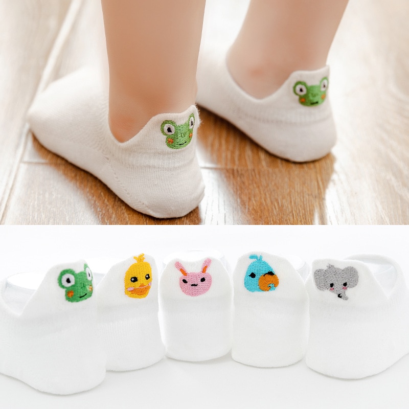 5 Pairs/lot 1 to 8 Years New Spring Summer Embroidery Children's Boat Socks Cotton Mesh White Socks For Boys Girls Low Cut 