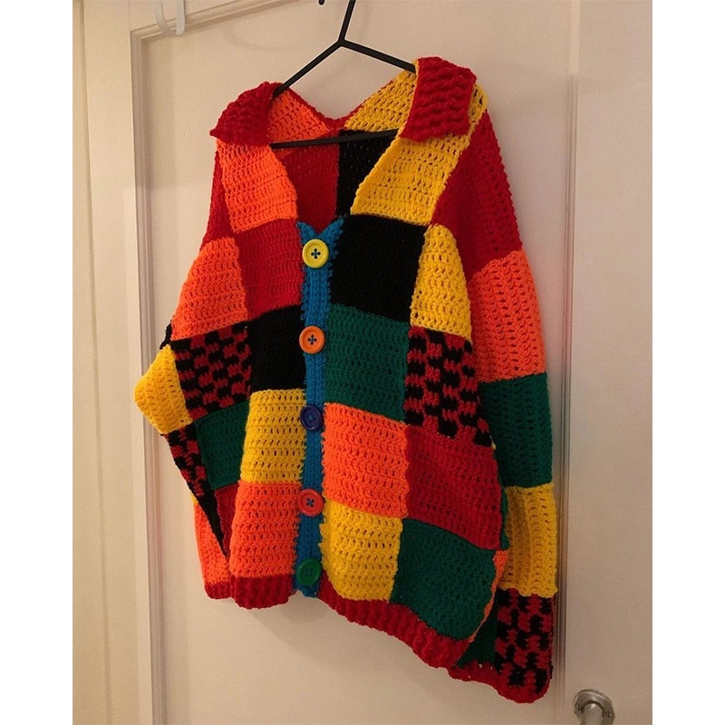 Harry s Cardigan Casual Style Oversized Chunky Knit Button Up Multi Color Patchwork Cardigan for Women Thick and Warm Knitwear