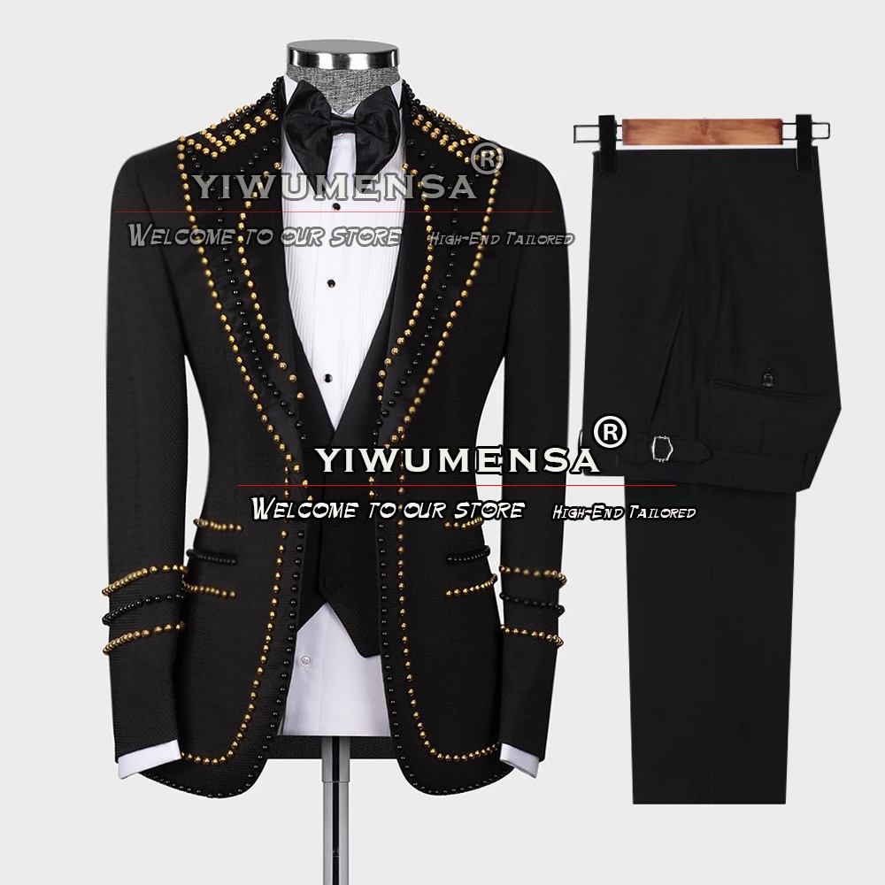 Groom Wear Men's Suits For Wedding Gold/Black Peals Beaded Blazer Vest Pants 3 Pieces Banquet Party Tuxedo Tailored Plus Si
