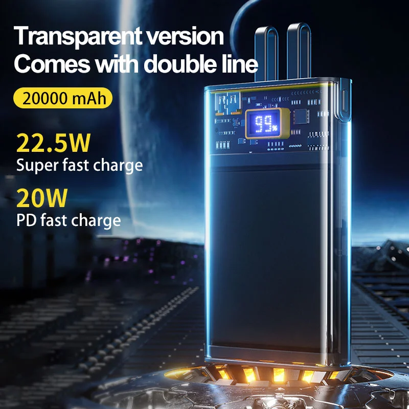 EONLINE 20000 mAh Power Bank Transparent With Dual-wire Type-C Super Fast Charging Portable Battery Suitable for Apple Samsung