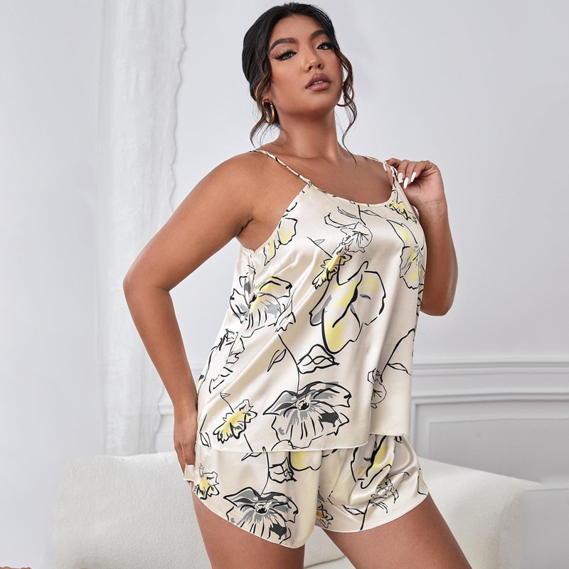 Plus Size 5XL Pajamas Sets Printing Flowers 2Pcs Sleepwea Nightwear Ice Silk Sexy Sleep Suit Homewear Loungewear Shirt Shorts