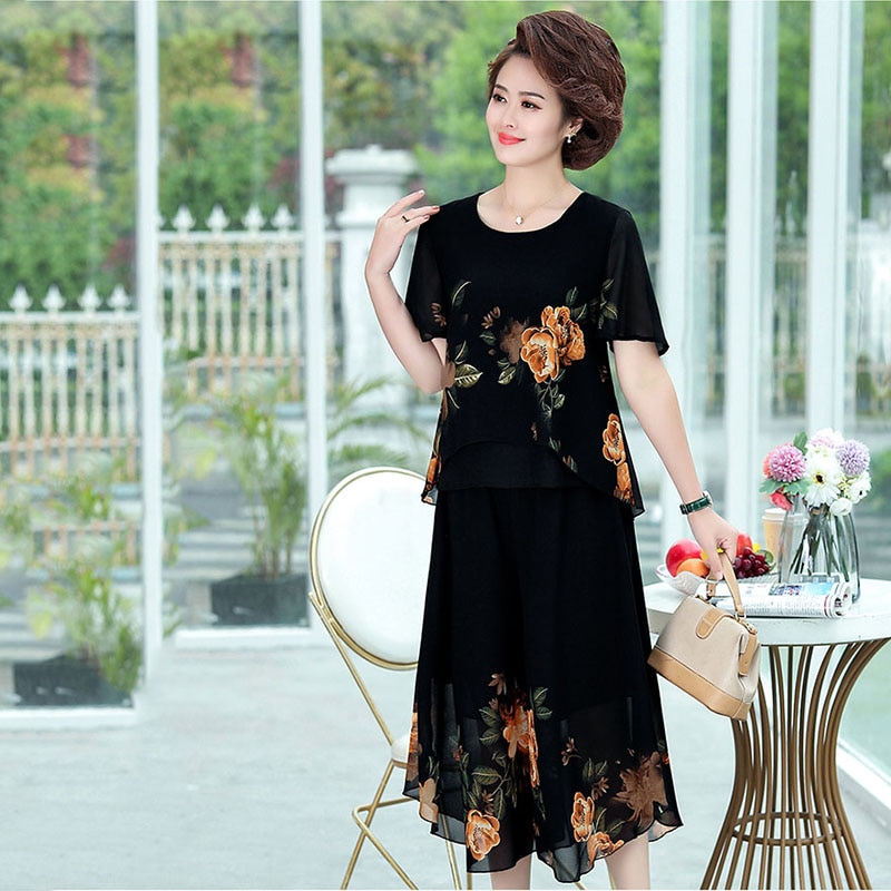 2023 Summer Middle-aged Female Vintage Two-piece Suit Splicing Printed Suit Womens Loose Casual Suit 2PCS Short Sleeve Suits