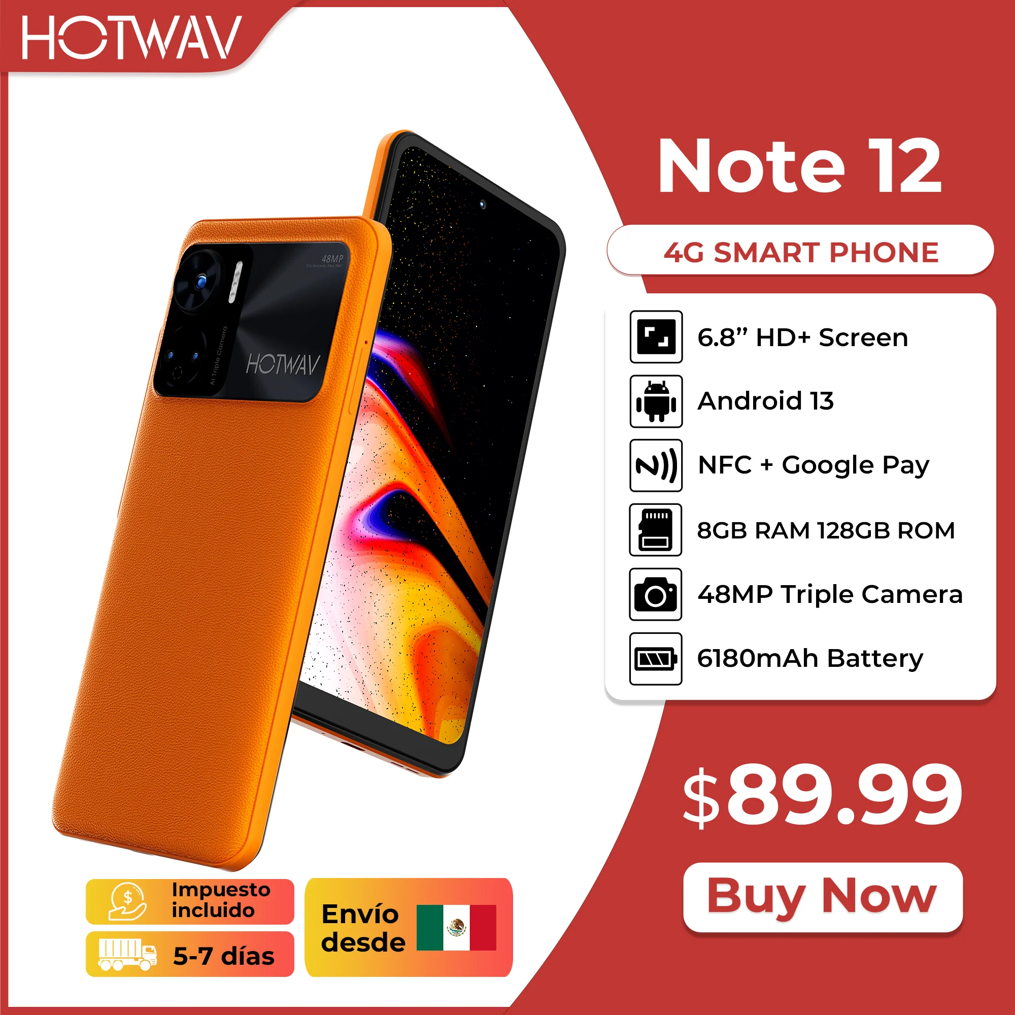 HOTWAV Note 12 Smartphone 6.8'' HD+ Android 13 8GB+128GB Octa-Core Mobile Phone 48MP NFC 6180mAh 20W Charging Cellphon