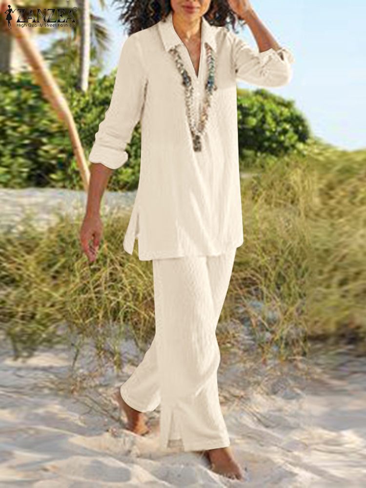 ZANZEA Spring Two Piece Set Causal Pant Sets Long Sleeve Shirt and Loose Pants Women Office Outfits Fashion Urban Tracksuits